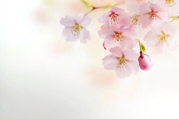 Delicate cherry blossom flowers bloom on a twisting branch, showcasing spring's arrival with elegant pink petals on a clear backdrop