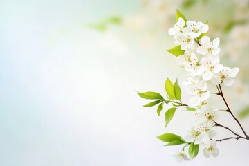 Obraz premium Branch adorned with small white flowers and green leaves set against a transparent background, highlighting spring's delicate blooms