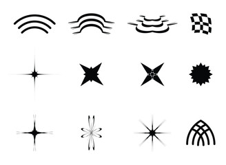 Set of 12 Minimalist Star, Sun, and Architectural Window Icons.  Symmetrical and Stylized Sun, Star, and Decorative Window Design Elements