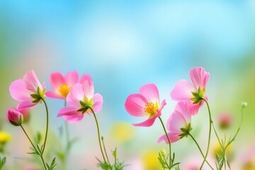 Fototapeta premium Delicate pink blossoms sway gently in the breeze, set against an ethereal blue backdrop that captures the essence of spring. Spring banner with copy space