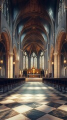 Fototapeta premium Grand church interior, sunlight streams in.
