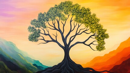 Vibrant Tree Silhouette Against Colorful Sunset Landscape Artwork