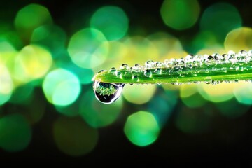 A single water droplet clings to the tip of a green leaf, reflecting the lush environment around it in soft bokeh lights