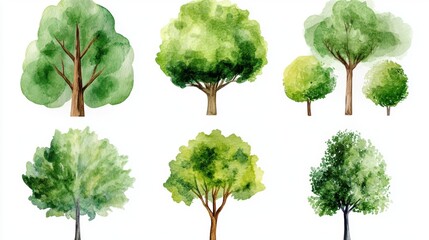 Watercolor Illustrations of Various Green Trees and Foliage Styles