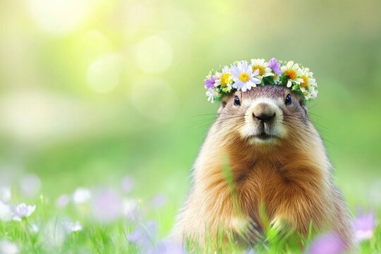 A groundhog adorned with a flower crown sits peacefully in a vibrant field, embodying the joy of early spring amid colorful blossoms