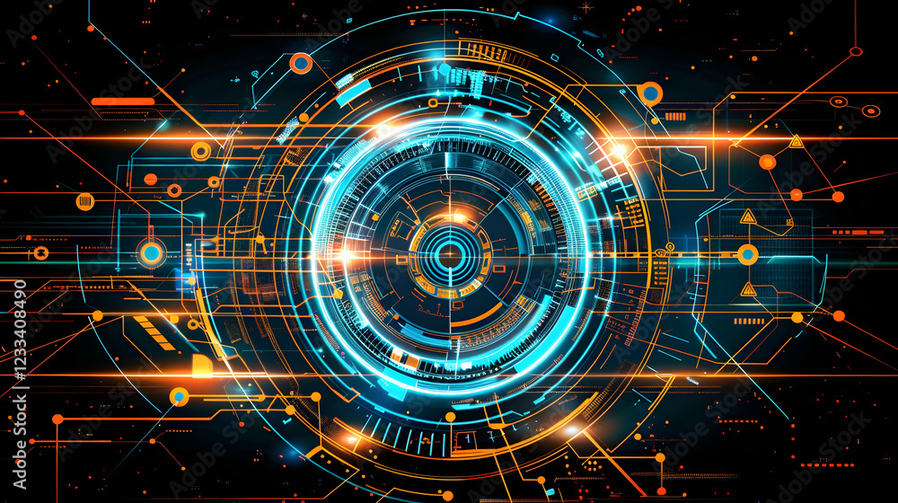 Poster abstract futuristic design with circular patterns and glowing elements.