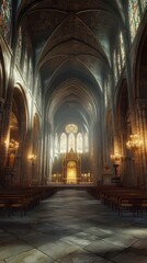 Fototapeta premium Sunlit Gothic cathedral nave