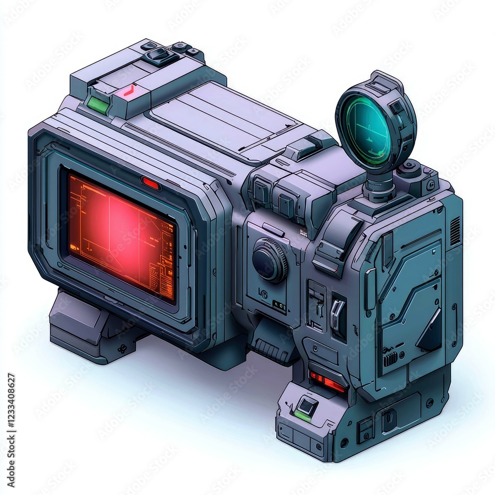 Poster futuristic technological device: a cyberpunk gadget with digital interface and control panel