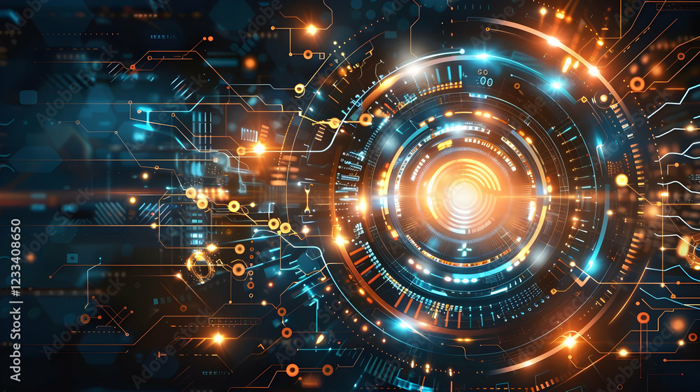 Poster abstract digital design featuring glowing circles and lines, representing technology and innovation.