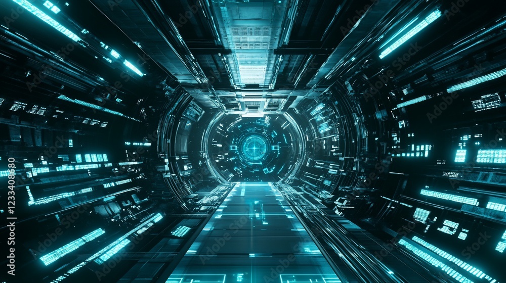Poster futuristic tunnel with teal lights and cybernetic design and abstract architecture