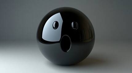 Glossy Black Sphere with Surprised Expression on Simple Background