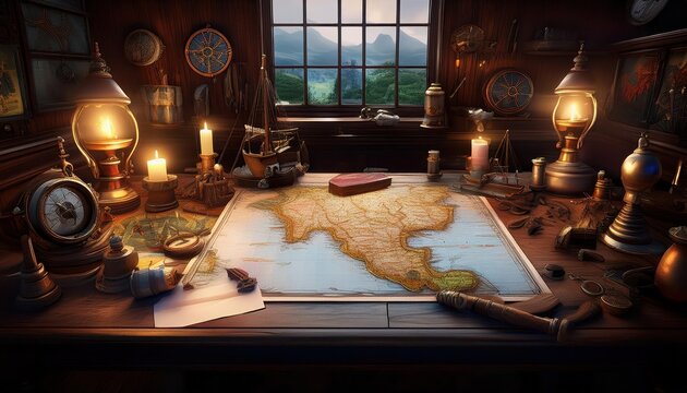 Lit Pirate Captains Desk Scene Authentic Nautical Accessories, Vintage Map, and Oil Lamp Illumination against a Rustic Wallpaper Background