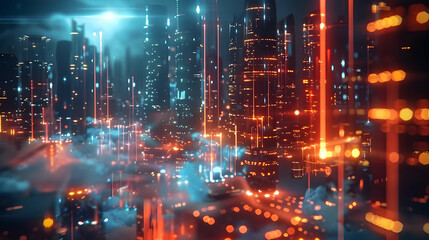 A vibrant, futuristic cityscape illuminated by neon lights and fog.