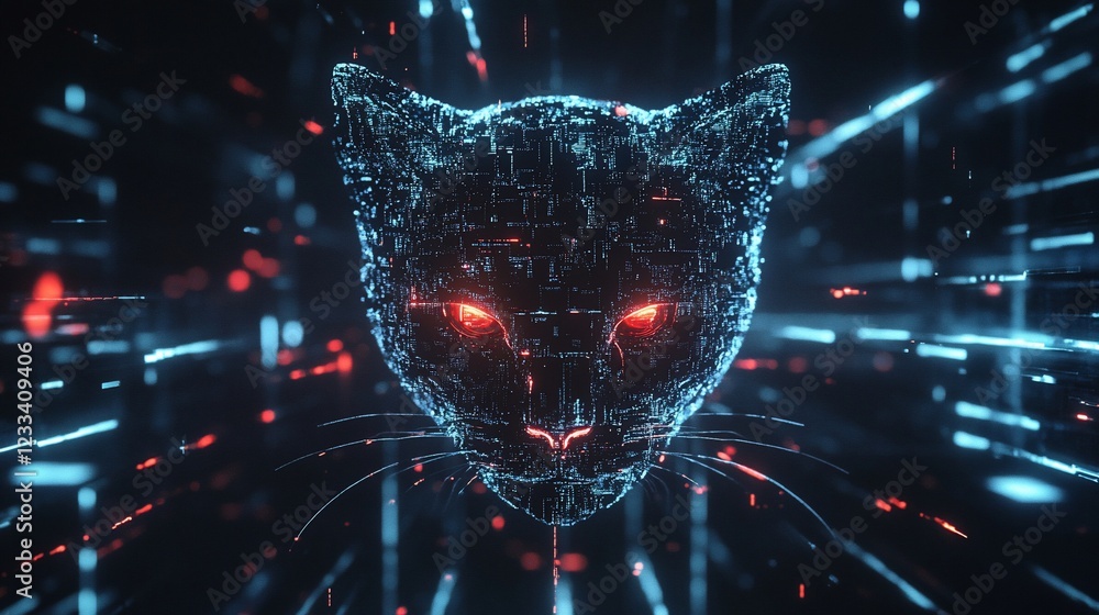 Poster digital feline head constructed from glowing dots and lines against black background