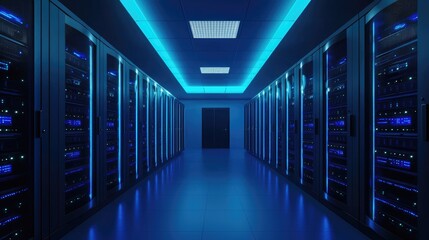 A modern server room with vibrant blue lighting and organized server racks, showcasing advanced technology and a professional IT infrastructure environment