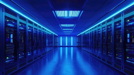 Fototapeta premium A futuristic server room illuminated with vibrant blue lights, featuring symmetrical server racks and advanced technology for secure data operations