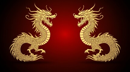 Fototapeta premium Golden Chinese Dragons Facing Each Other on Red Background