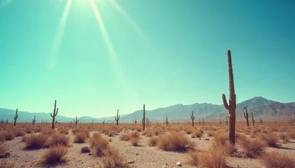 Fototapete Desert landscape with cacti and sun rays. Concept of travel, adventure, and nature. © Aimag