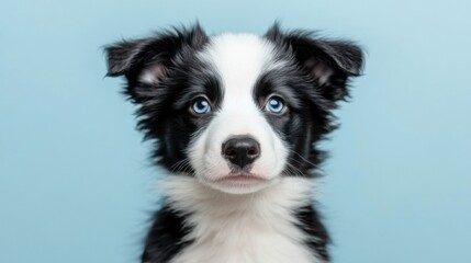 Cute Border Collie Puppy with Blue Eyes Against Soft Blue Background