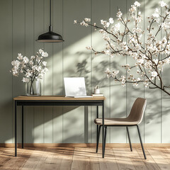 A photograph of an empty wall painted in sage green, a desk with white flowers and a chair beside it, soft lighting, modern interior design style, natural lighting, a close-up shot, minimalism. 