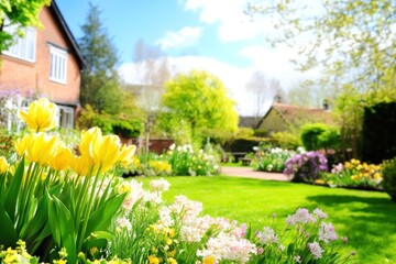 Colorful tulips and hyacinths bloom in a well-kept garden, surrounded by lush greenery under a bright blue sky