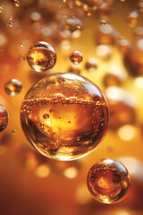 A realistic close-up view shows small, amber-colored spheres suspended in the air with tiny bubbles and tendrils around them on an abstract background. The orange shades create a warm atmosphere. 
