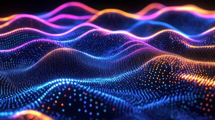Neon particle waves flow, digital background, abstract tech design
