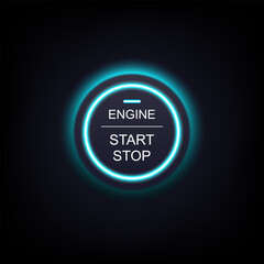Engine start stop button, Round circle blue color glow light Car dashboard element, push start, Vector 3d illustration isolated on dark background