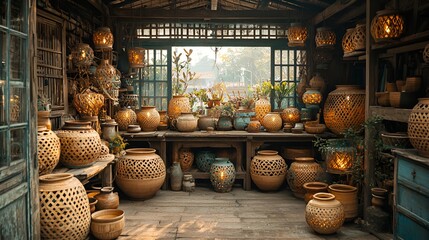 Pottery workshop, Vietnam, sunlight, artisan crafts, interior