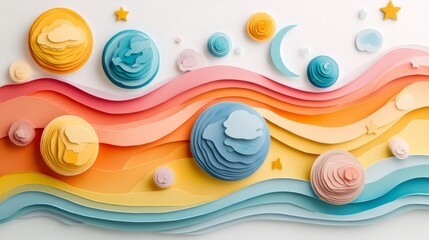 Whimsical Paper Art Planets and Rainbow Waves