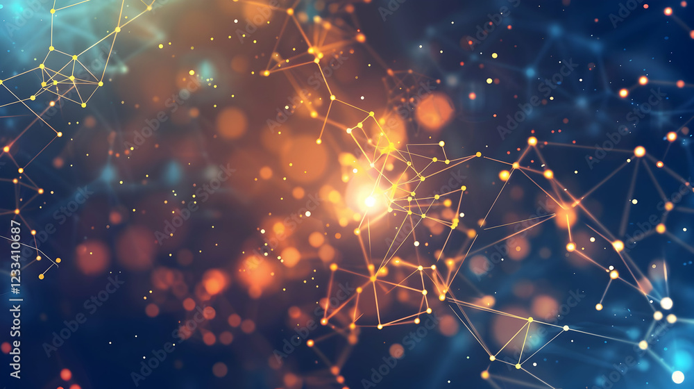 Poster abstract digital illustration depicting interconnected nodes and glowing particles.
