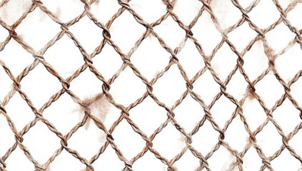 Close-up of a weathered, diamond-patterned fishing net with visible debris.