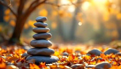 Obraz premium zen, stones, tall, stack, rough, uneven, surfaces, autumn, leaves, colorful, golden, orange, hues, sunlight, soft, filtering, bare, tree, branches, hyperrealistic, detail, serene, tranquil, harmony, 