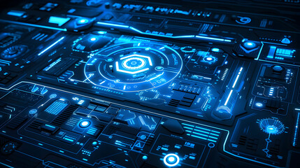 Obraz premium A futuristic digital interface with glowing blue elements and intricate circuitry.