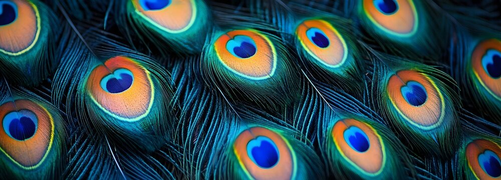 A close-up of colorful peacock feathers spread out in a fan shape