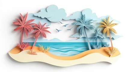 Pastel Paper Art Tropical Beach Scene