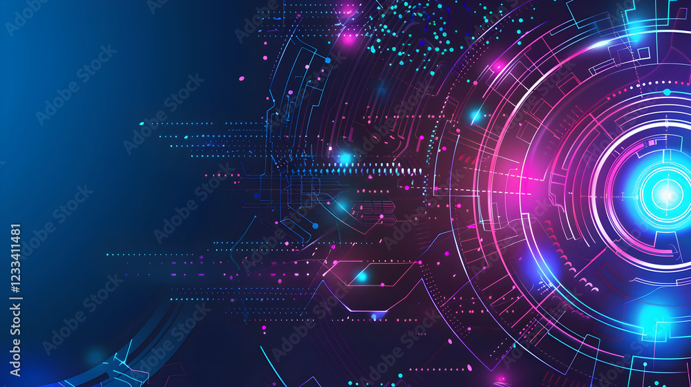 Poster a digital abstract design featuring vibrant colors and circuit-like patterns.