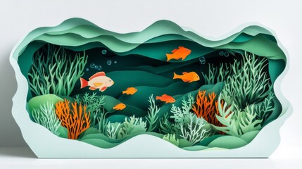 Naklejka premium Underwater Scene Paper Art with Vivid Fish and Coral