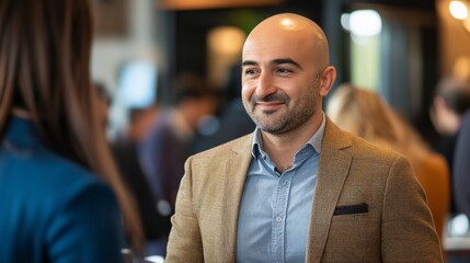 A Man in a Brown Jacket and Blue Shirt Standing Among Blurred People in a Meeting