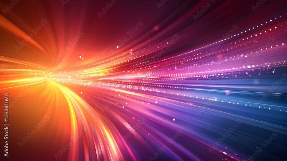 Poster abstract vibrant lines and glowing particles create a dynamic and colorful background.