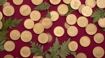 Golden Coins Scattered on Burgundy Background with Fern Leaves