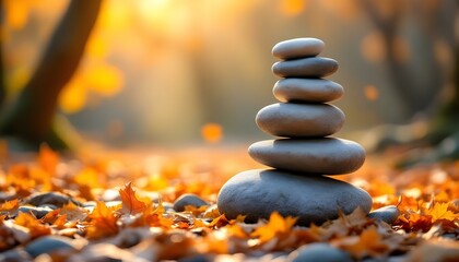 Obraz premium zen, stones, tall, stack, rough, uneven, surfaces, autumn, leaves, colorful, golden, orange, hues, sunlight, soft, filtering, bare, tree, branches, hyperrealistic, detail, serene, tranquil, harmony, 