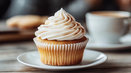Delicious Vanilla Cupcake with Swirled Frosting on Rustic Table