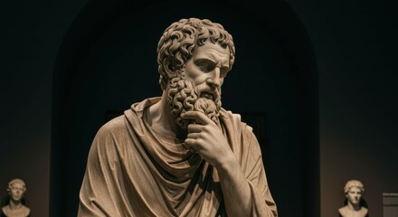 Ancient Greek sculpture, marble bust, bearded philosopher, thoughtful expression, classical art, museum lighting, dark background, intricate detail, realistic texture, pensive pose, draped clothing, w