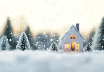 Naklejka premium A small house in the snow, surrounded by trees and lights, creates a festive Christmas scene. Pine branches adorn the landscape, and a warm glow emanates from within the cabin. A miniature snowy 