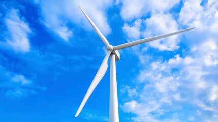Wind Turbine Against Clear Blue Sky with Fluffy White Clouds