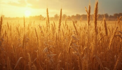Fototapeta premium Golden wheat field at sunset. Concept of harvest, agriculture, and farming.