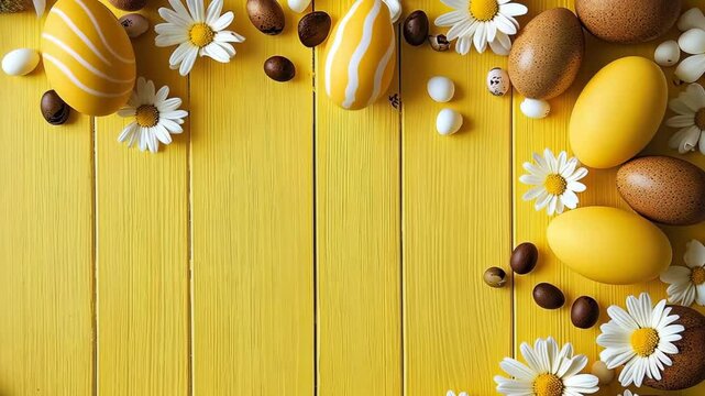 Yellow Easter eggs and white chamomile flowers. Top-down view of the lower border against a bright yellow wooden background. Generative 4k video