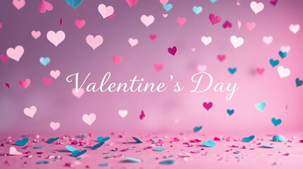 Cool-Toned Valentine's Day Card with Heart Confetti in Blues, Greens, and Purples, Graceful Elegance, Perfect for Romantic Greeting Cards and Invitations