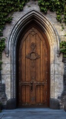 Fototapeta premium Ornate wooden door in stone archway